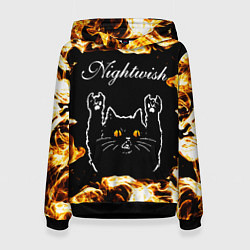 Толстовка-худи женская Nightwish рок кот и огонь, цвет: 3D-черный
