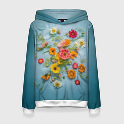 Толстовка-худи женская Букет полевых цветов на ткани, цвет: 3D-белый