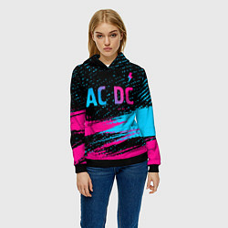 Толстовка-худи женская AC DC - neon gradient: символ сверху, цвет: 3D-черный — фото 2