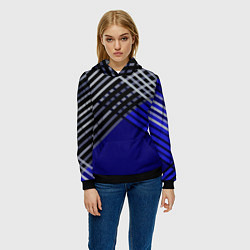 Толстовка-худи женская Белые и серые полосы на синем фоне, цвет: 3D-черный — фото 2