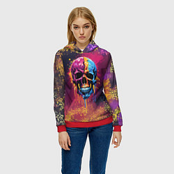 Толстовка-худи женская Розовая и синяя краска капает с черепа, цвет: 3D-красный — фото 2