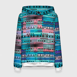 Толстовка-худи женская Голубой с разноцветными вставками этнический орнам, цвет: 3D-белый