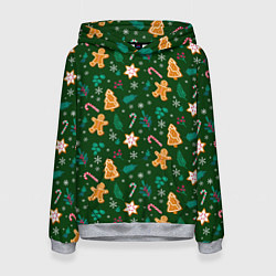 Толстовка-худи женская New year pattern with green background, цвет: 3D-меланж