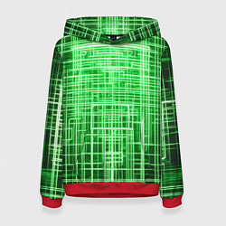 Толстовка-худи женская Зелёные неоновые полосы киберпанк, цвет: 3D-красный