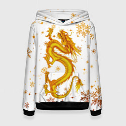 Толстовка-худи женская Золотой дракон в снежинках, цвет: 3D-черный