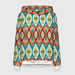Толстовка-худи женская Орнамент икат - имитация аткласной ткани, цвет: 3D-белый