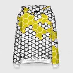 Толстовка-худи женская Жёлтая энерго-броня из шестиугольников, цвет: 3D-белый