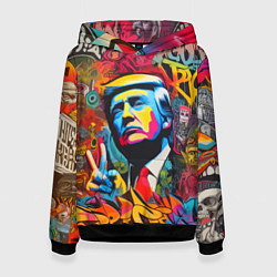 Толстовка-худи женская Дональд Трамп - граффити - нейросеть, цвет: 3D-черный