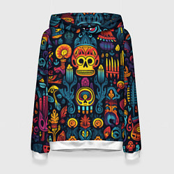 Толстовка-худи женская Паттерн в мексиканском фолк-стиле, цвет: 3D-белый