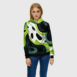 Толстовка-худи женская Белая вязкая текстура на зеленой, цвет: 3D-черный — фото 2