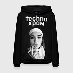 Толстовка-худи женская Techno храм монашка курит сигарету, цвет: 3D-черный