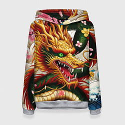 Толстовка-худи женская Морда японского дракона - ирезуми, цвет: 3D-меланж