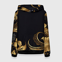 Толстовка-худи женская Золотистые объемные листья и узоры, цвет: 3D-черный
