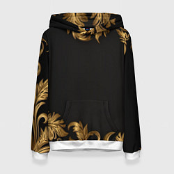Толстовка-худи женская Золотые объемные листья на черном, цвет: 3D-белый