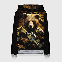 Толстовка-худи женская Медведь солдат в дремучем лесу, цвет: 3D-меланж