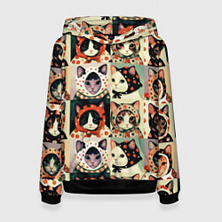 Толстовка-худи женская Кот Алёнка - поп арт, цвет: 3D-черный