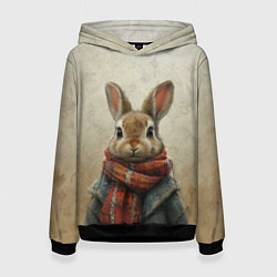 Толстовка-худи женская Кролик в шарфе, цвет: 3D-черный