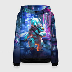 Толстовка-худи женская Белый медведь в мегаполисе - киберпанк, цвет: 3D-черный