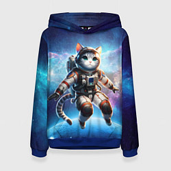 Толстовка-худи женская Кот космонавт в космосе, цвет: 3D-синий