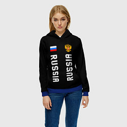 Толстовка-худи женская Россия три полоски на черном фоне, цвет: 3D-синий — фото 2