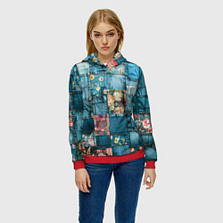 Толстовка-худи женская Джинсовые лоскуты с цветочками, цвет: 3D-красный — фото 2