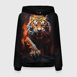 Толстовка-худи женская Злой тигр в огне рычит и нападает, цвет: 3D-черный