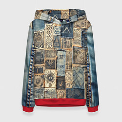 Толстовка-худи женская Татуировки племени майя пэчворк, цвет: 3D-красный
