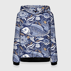 Толстовка-худи женская Рыба карп - синий корейский узор, цвет: 3D-черный