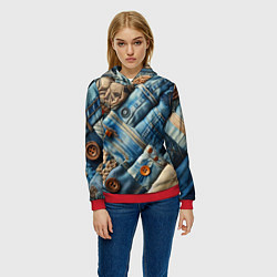 Толстовка-худи женская Джинсовый пэчворк с пуговицами - мода, цвет: 3D-красный — фото 2
