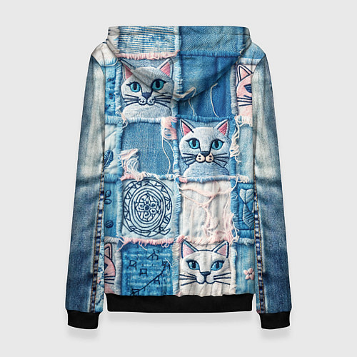 Женская толстовка Кошки на пэчворк джинсах паттерн / 3D-Черный – фото 2