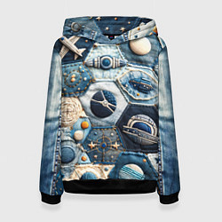 Толстовка-худи женская Пэчворк с авиацией, цвет: 3D-черный