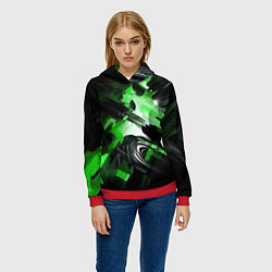 Толстовка-худи женская Green dark abstract geometry style, цвет: 3D-красный — фото 2