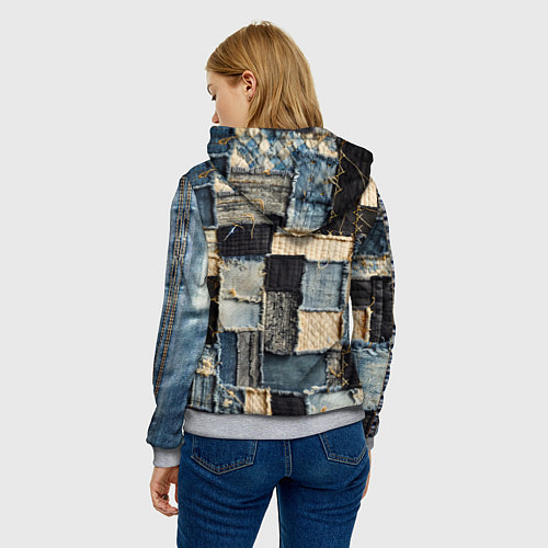 Женская толстовка Заплатки пэчворк на джинсе / 3D-Меланж – фото 4