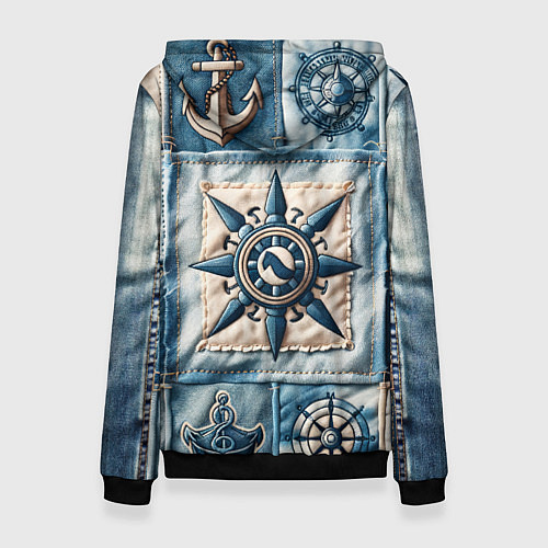 Женская толстовка Пэчворк с якорем - джинсовка моряка / 3D-Черный – фото 2