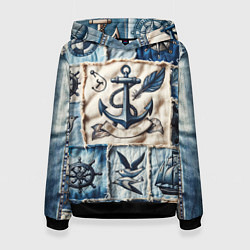 Толстовка-худи женская Пэчворк с якорем - джинсовка моряка, цвет: 3D-черный