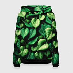 Толстовка-худи женская Зеленые листья и мох, цвет: 3D-черный