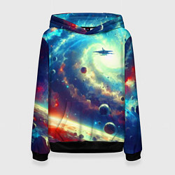 Толстовка-худи женская Полёт к далёкой галактике - нейросеть, цвет: 3D-черный