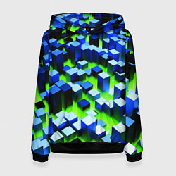 Толстовка-худи женская Синие блоки в зеленом тумане, цвет: 3D-черный