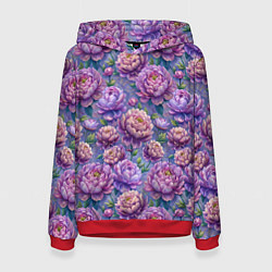 Толстовка-худи женская Крупные пионы садовые дачные цветы паттерн, цвет: 3D-красный