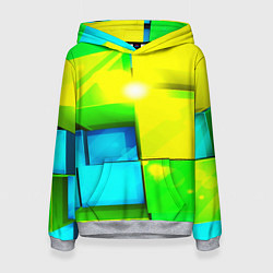 Толстовка-худи женская Зелёные кубы разломы, цвет: 3D-меланж