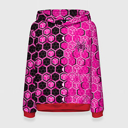 Толстовка-худи женская Техно-киберпанк шестиугольники розовый и чёрный с, цвет: 3D-красный