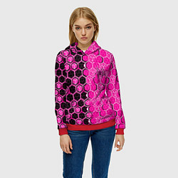 Толстовка-худи женская Техно-киберпанк шестиугольники розовый и чёрный с, цвет: 3D-красный — фото 2