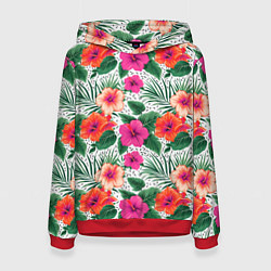 Толстовка-худи женская Цветы гибискуса и листья мальмы летний тропический, цвет: 3D-красный