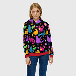 Толстовка-худи женская Паттерн разноцветных котиков, цвет: 3D-красный — фото 2