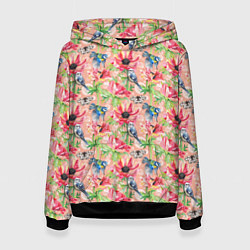 Толстовка-худи женская Лазоревки и маки на розовом, цвет: 3D-черный
