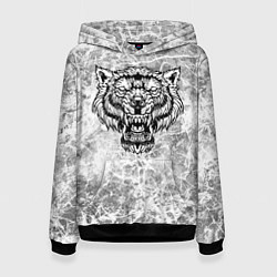 Толстовка-худи женская Черно-белый агрессивный волк на сером фоне, цвет: 3D-черный