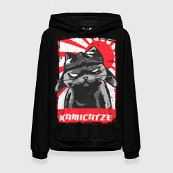 Толстовка-худи женская Кот камикадзе мем, цвет: 3D-черный