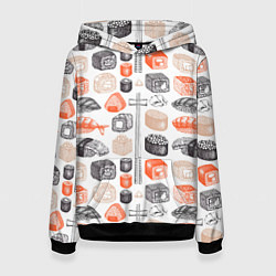 Толстовка-худи женская Орнамент суши паттерн, цвет: 3D-черный