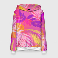 Толстовка-худи женская Летний фон с цветными листьями в акварельном стиле, цвет: 3D-белый