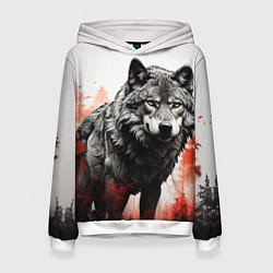 Толстовка-худи женская Одинокий волк среди леса, цвет: 3D-белый